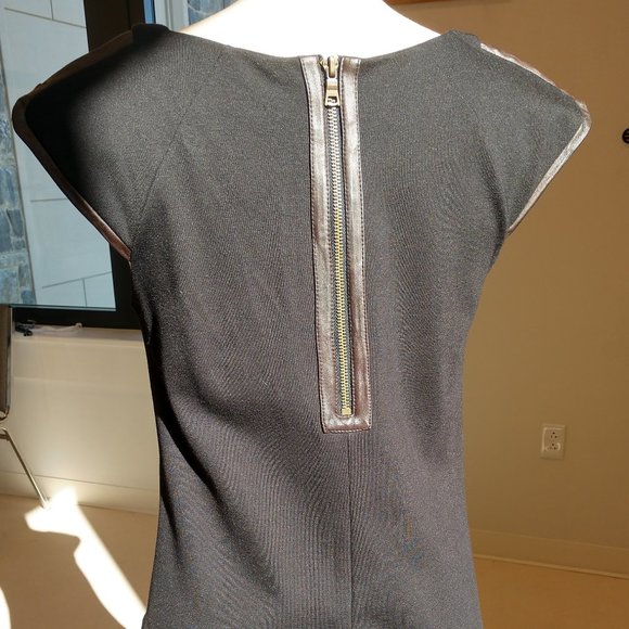 Black Knit Short Shift Dress with Brown Faux trim - Picture 4 of 6